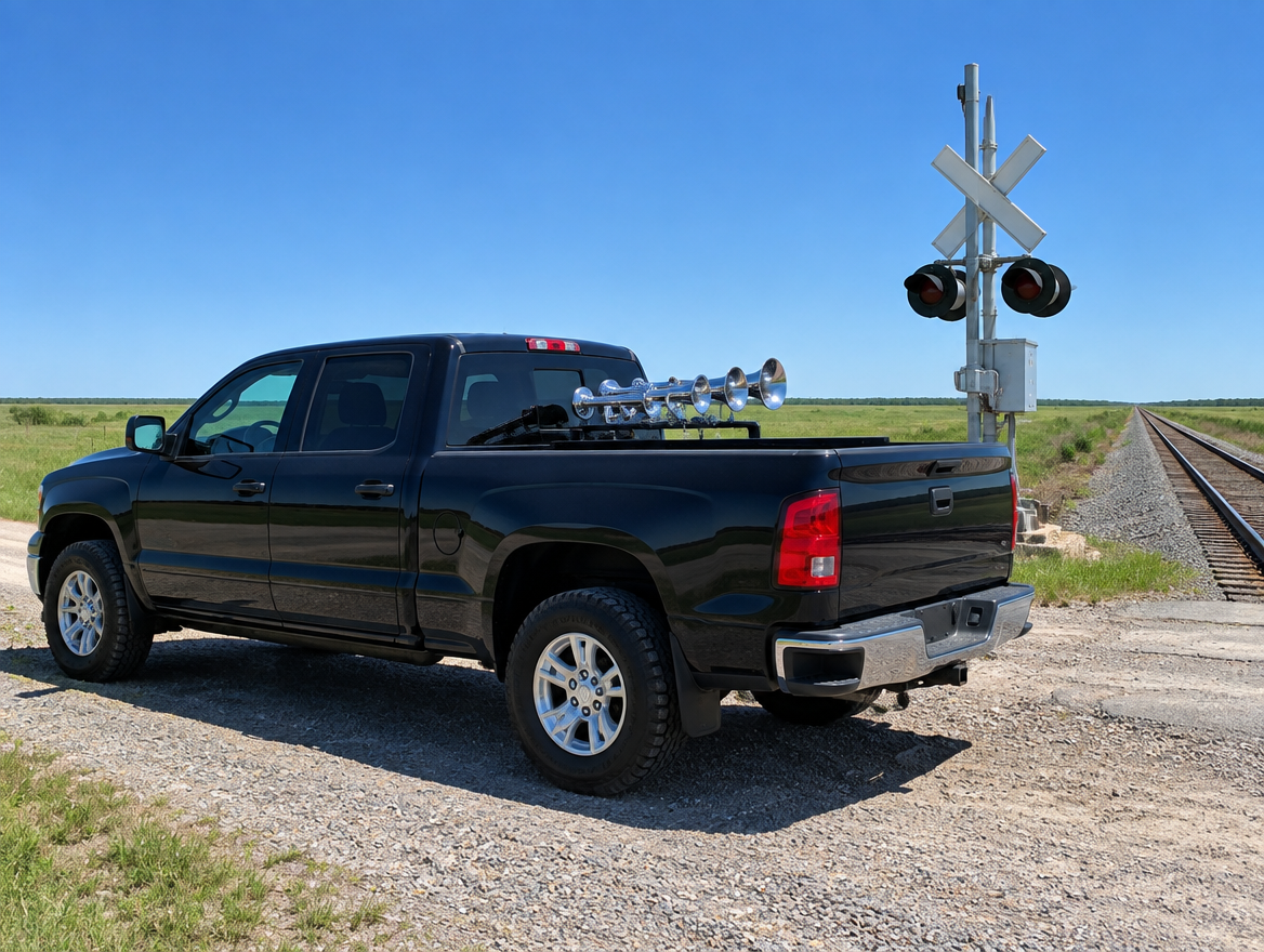 A pickup truck with four chrome train horn trumpets in its bed parked by a rural railroad crossing under a blue sky.