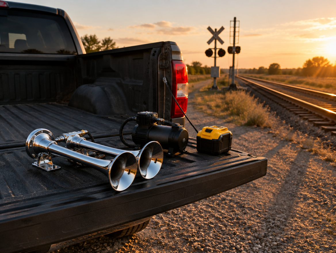 A chrome train horn and a yellow cordless battery on a pickup tailgate beside railroad tracks at sunset.