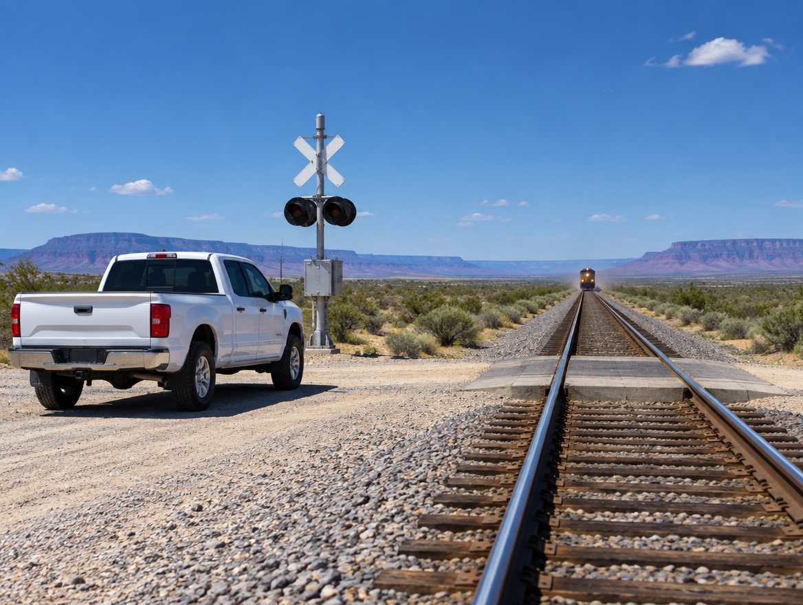 A white pickup truck waits at a desert rail crossing while a distant locomotive approaches across open scrub.