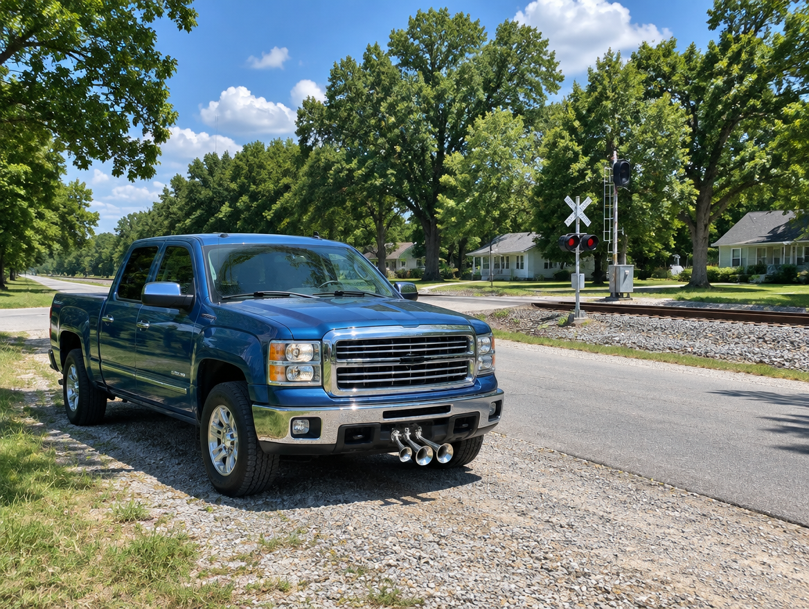 A clean pickup truck with chrome train horns parked near a rural railroad crossing on a sunny summer afternoon.