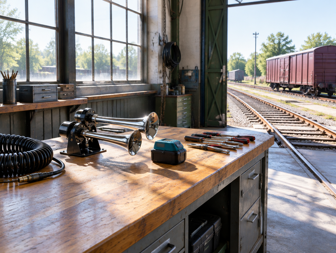 Sunlit railway shed workbench with a chrome train horn and teal battery pack, rails and a boxcar visible outside.