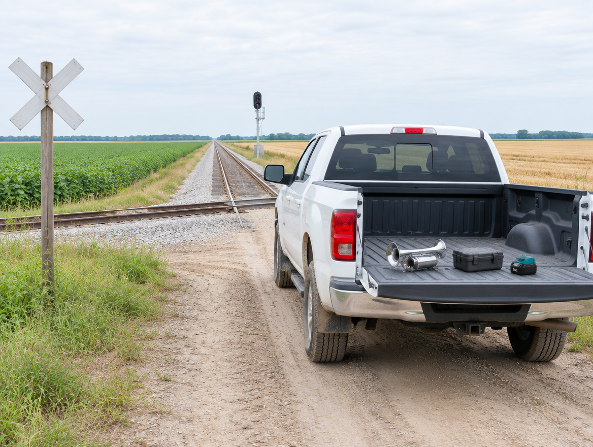 A pickup truck parked at a rural railroad crossing between fields, with a horn and teal tool battery on its tailgate.
