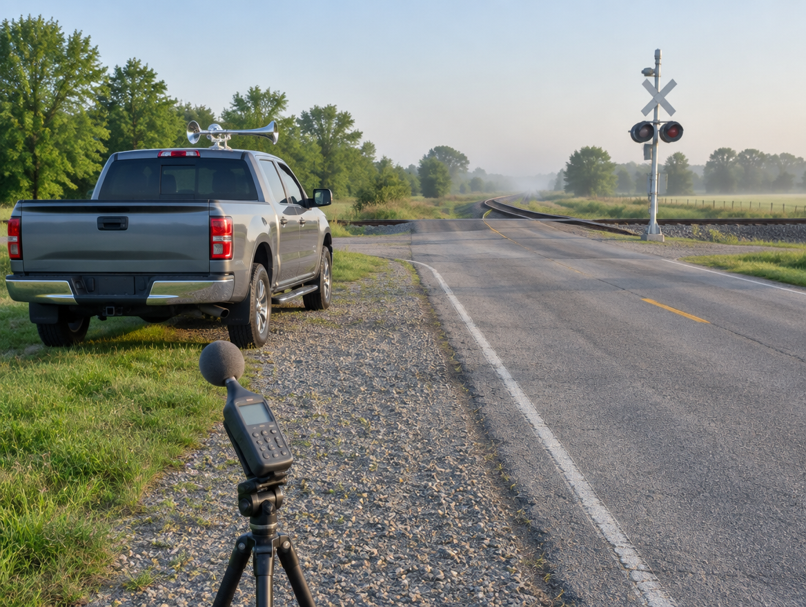 A sound level meter on a tripod near a pickup truck with an air horn, beside a rural railroad crossing at dawn