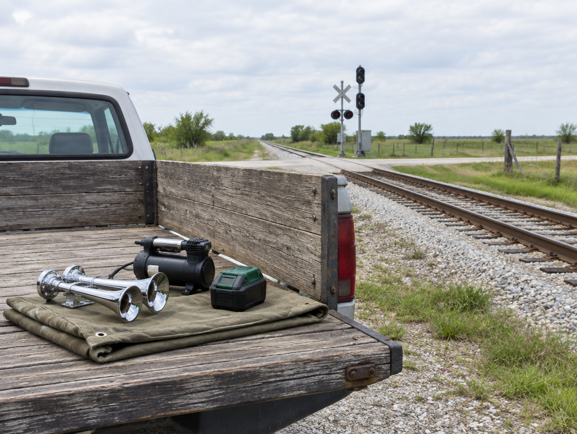 A horn kit and green-topped cordless battery on a pickup tailgate beside a rural rail line under a bright overcast sky.