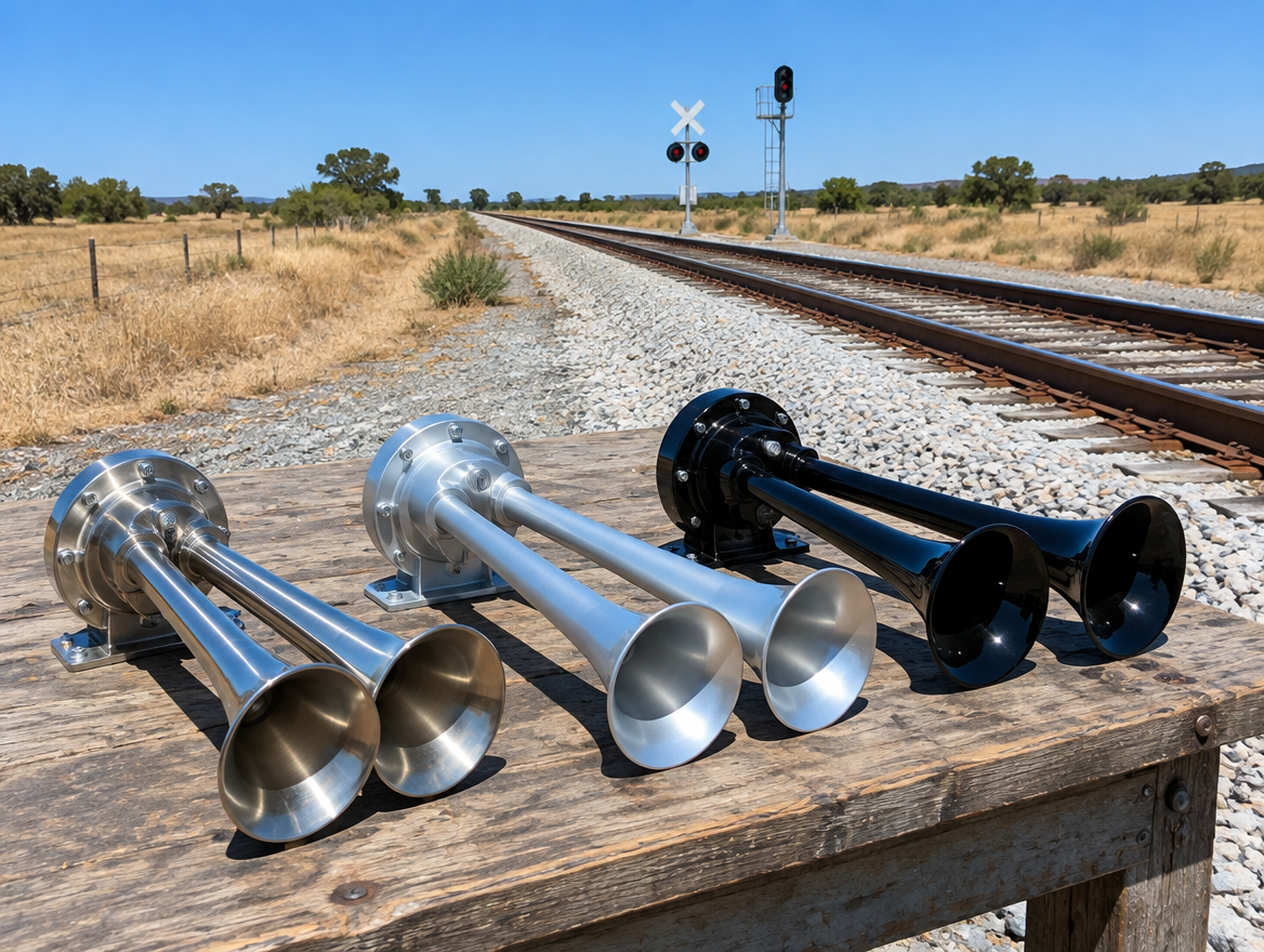 Stainless, aluminum, and black plastic train horn trumpets on a bench beside sunlit railroad tracks and a crossbuck.