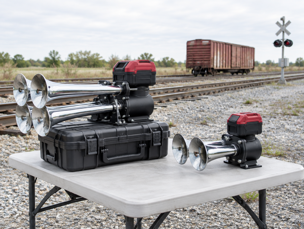 Large and compact portable train horn kits with red battery packs on a workbench beside rail yard tracks and a boxcar