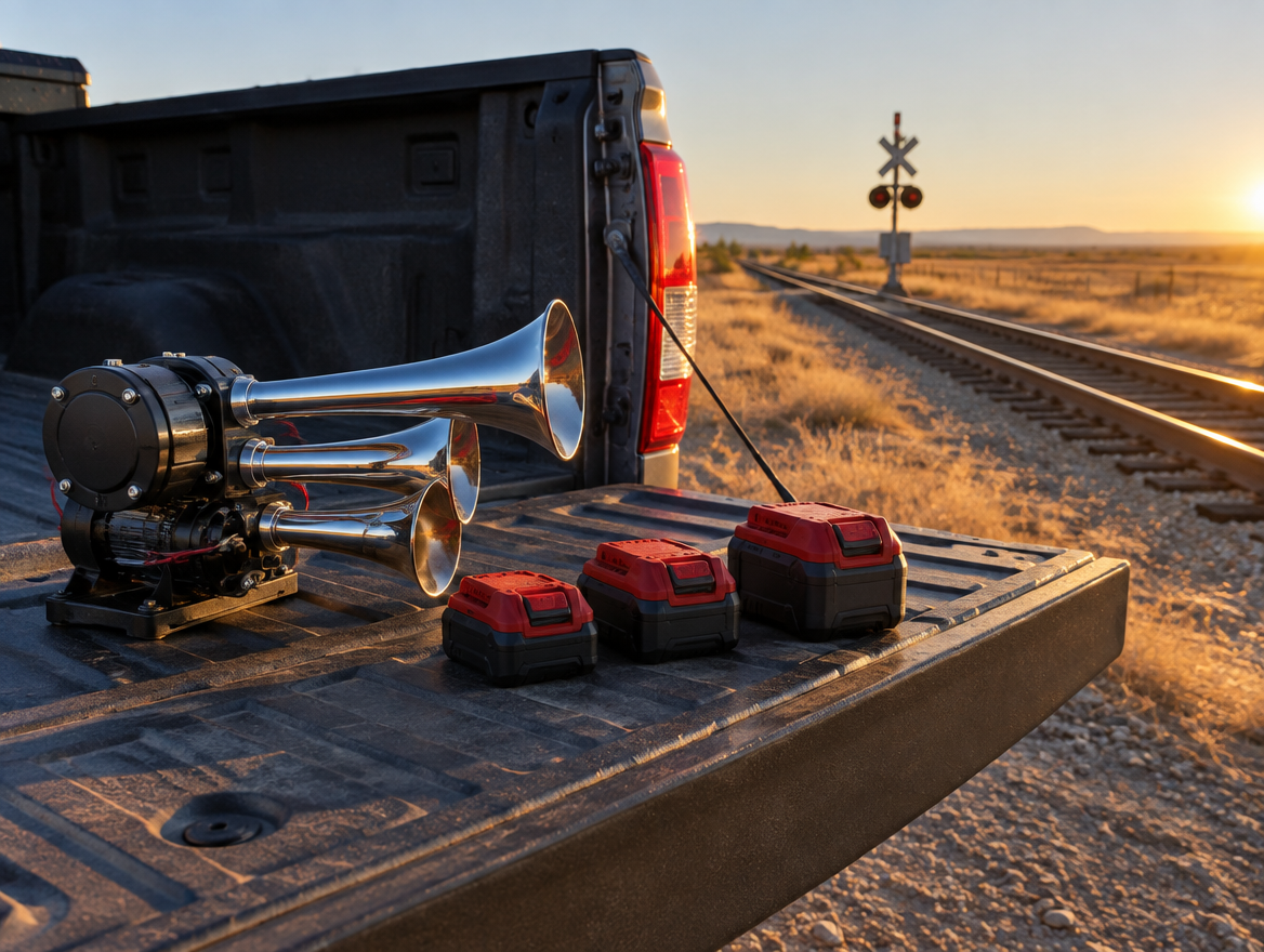 Train horn and three red-and-black cordless tool batteries on a pickup tailgate beside a rail line at golden hour.