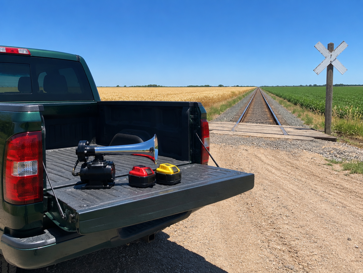 Train horn and two cordless batteries, one red and one yellow, on a pickup tailgate at a sunny farm rail crossing