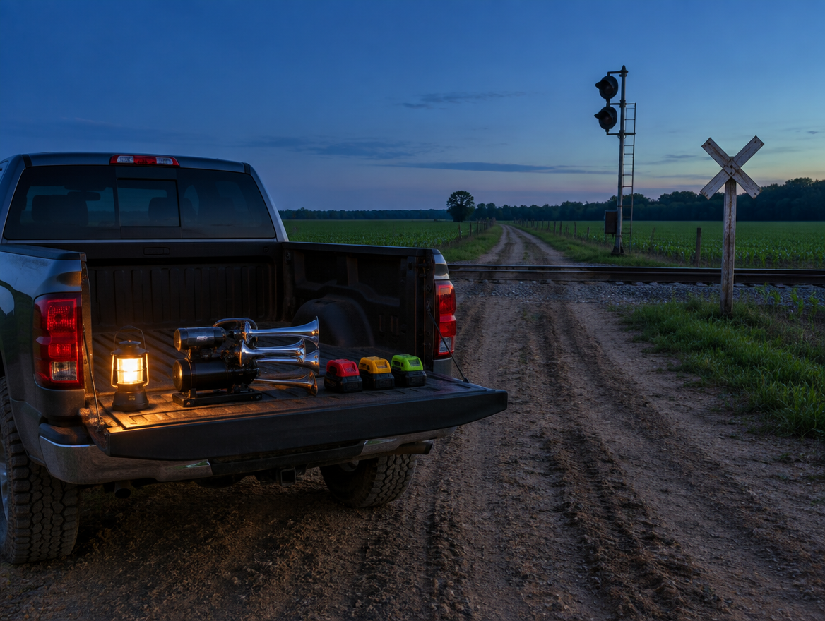 Pickup tailgate with a train horn and colored cordless batteries at a farm railroad crossing at dusk