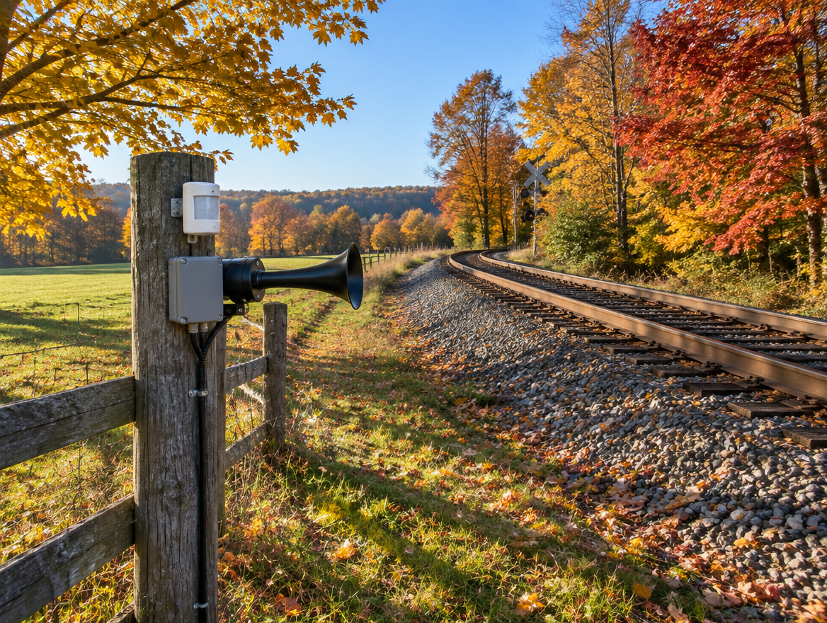 Motion sensor and air horn on a fence post beside a rail line with autumn trees in bright afternoon sun