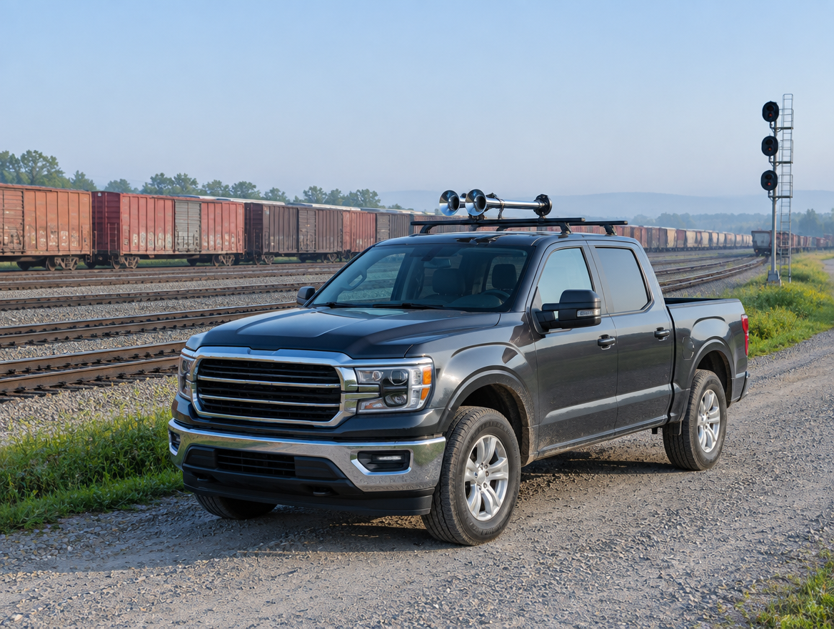 A clean pickup parked beside a freight yard, with a compact horn unit strapped to its roof rack crossbar.