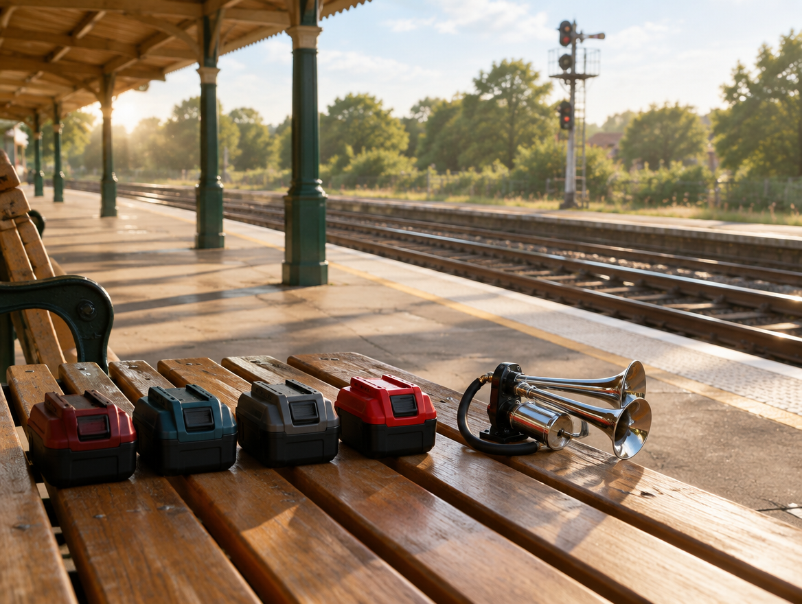 Four colored cordless tool battery packs and a chrome air horn on a sunlit station bench beside the tracks.