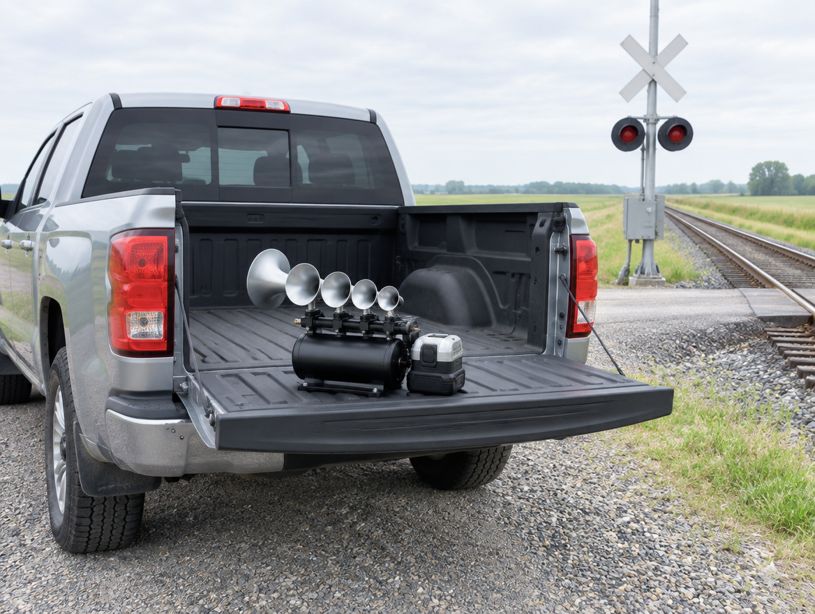 Quad air horn with a cordless battery on a pickup tailgate beside a rural railroad crossing on a bright overcast day