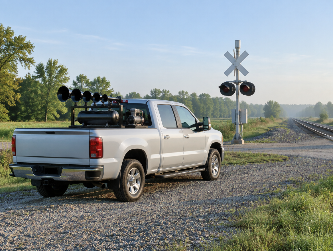 A pickup truck with a five-trumpet train horn in its bed, parked by a rural railroad crossing on a hazy morning.