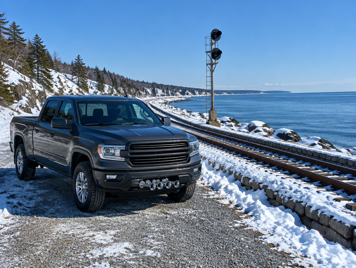 Pickup with a chrome train horn behind its bumper, parked by snowy coastal rail tracks under a blue sky.