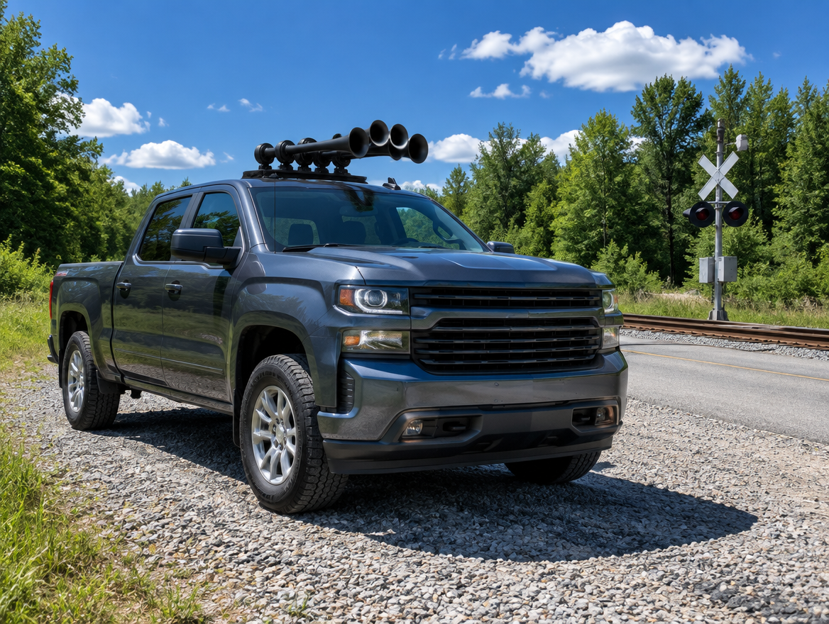 A pickup truck with a five-trumpet locomotive air horn on its cab, parked by a rural railroad crossing in summer.