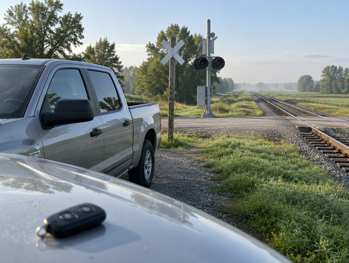 A pickup truck parked by a rural railroad crossing in morning light, with a small key-fob remote resting on its hood.