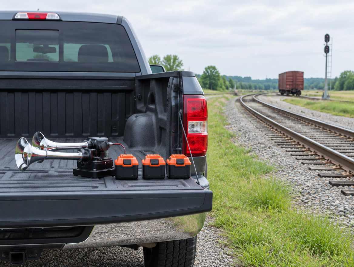 A pickup tailgate by rail yard tracks holds a chrome train horn wired to an orange and black cordless tool battery.