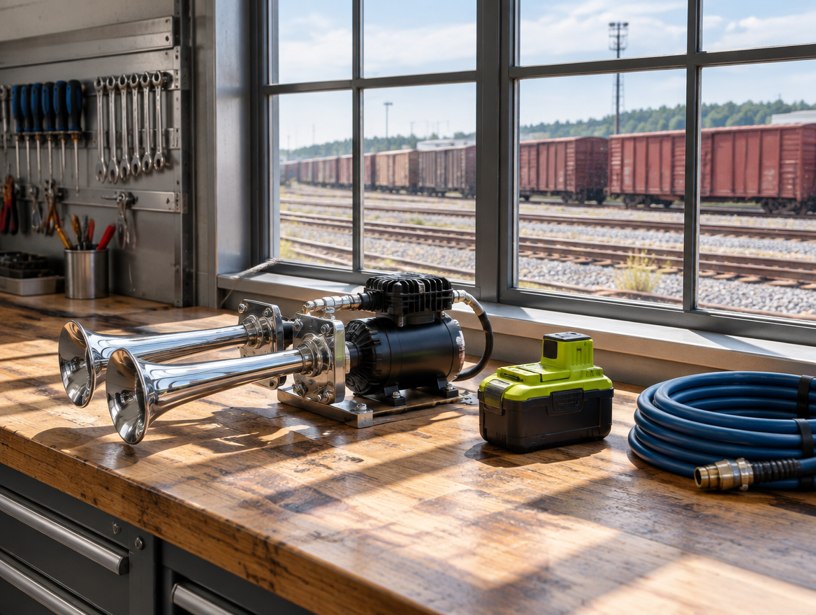 Sunlit workshop bench with a chrome train horn and lime green battery pack, and freight yard boxcars seen through the windows