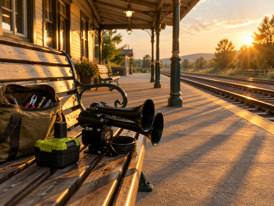 A black twin-trumpet horn and a lime green battery pack on a station bench under a canopy at golden hour.