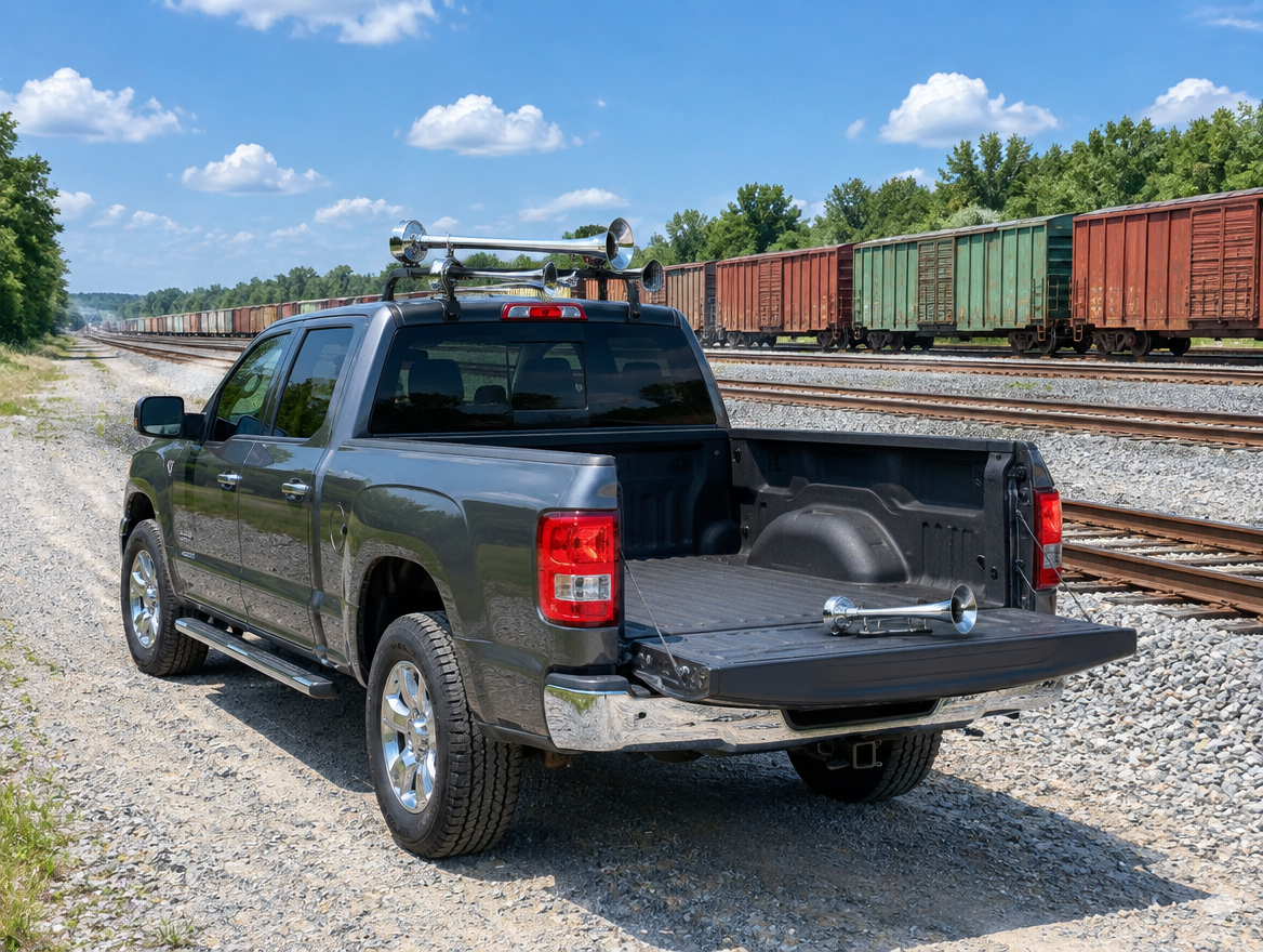 Pickup truck with two chrome horn trumpets parked beside parallel tracks and boxcars in a sunny freight yard