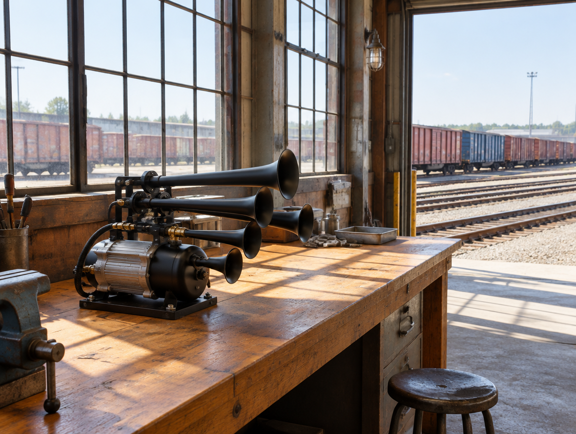 A four-trumpet air horn on a sunlit wooden workbench in a shed overlooking freight yard tracks and boxcars.