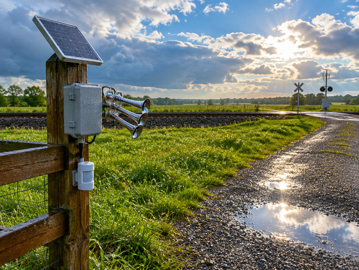 A solar panel and chrome train horn on a wet fence post by a gravel driveway, with a rail line and crossbuck behind.
