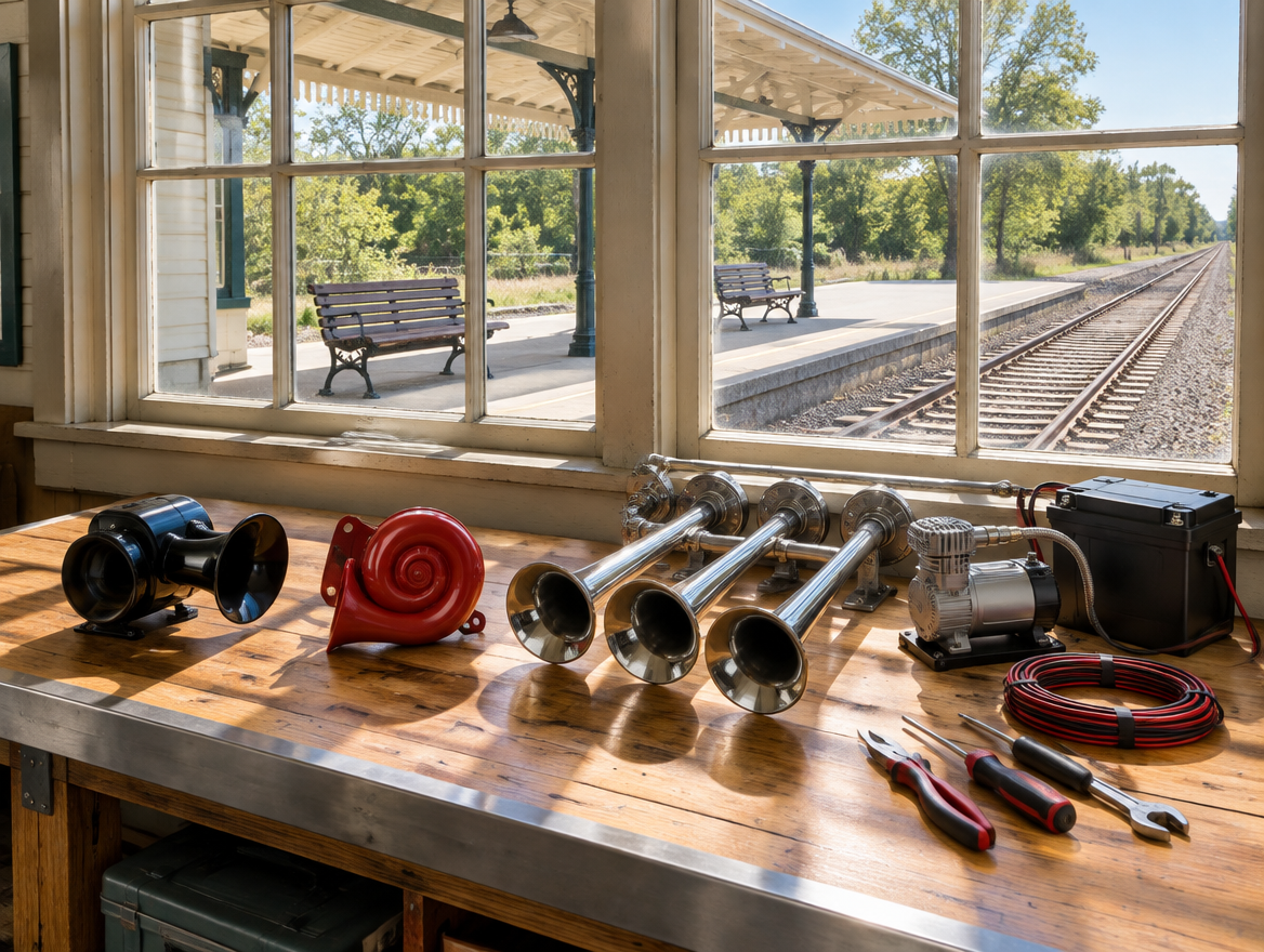 Three car horn upgrades on a sunlit wooden workbench, with a station platform, canopy and rails outside the window.