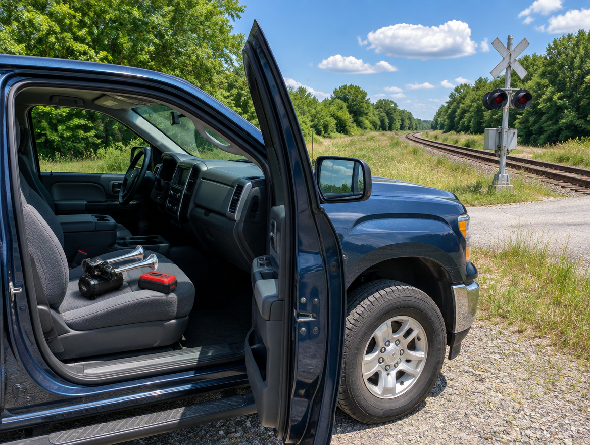 A pickup truck with its door open at a rural rail crossing, and a handheld train horn and battery on the seat.