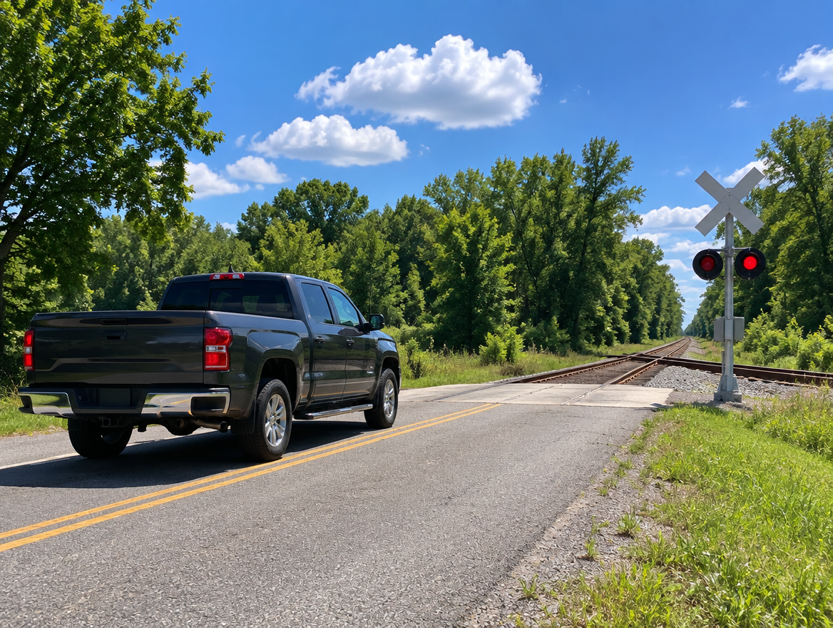A clean pickup truck waits at a rural railroad crossing on a sunny summer day, with green trees and a blue sky.