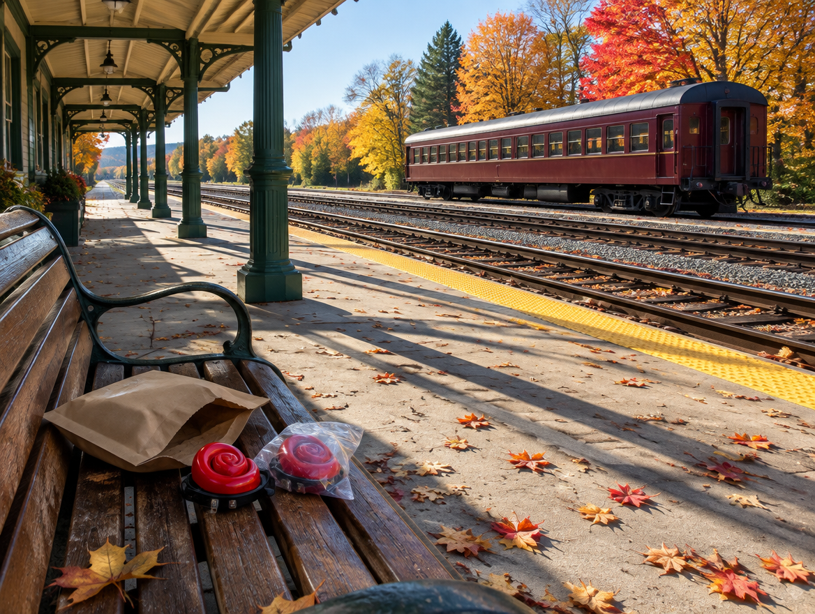 Two small red spiral horns on a station bench beside a mailer, with autumn trees, rails and a parked coach behind.