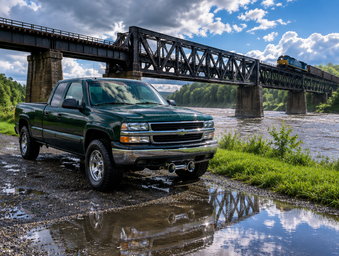Pickup truck with chrome air horns parked by a river, with a train crossing a wet steel trestle bridge after rain.