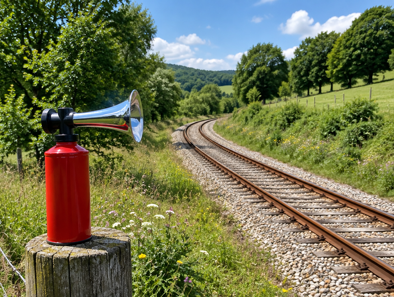 A chrome handheld air horn on a fence post beside a single-track railway curving through sunny green hills.