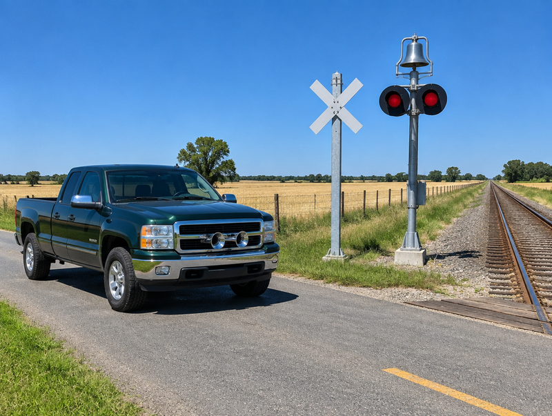 A clean pickup truck with a chrome air horn stopped at a sunny rural level crossing with a crossbuck and signal mast.