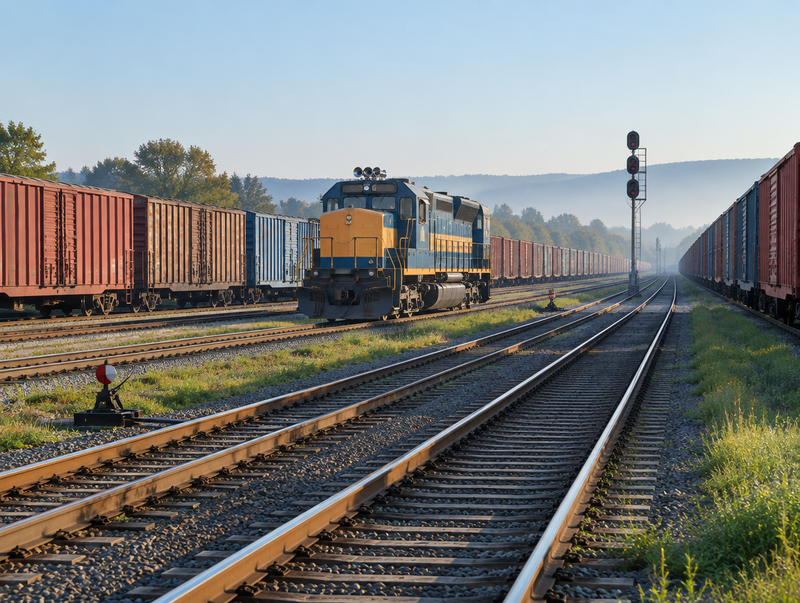 Wide morning view of a freight yard with parallel tracks, rows of boxcars and a locomotive with a roof air horn.