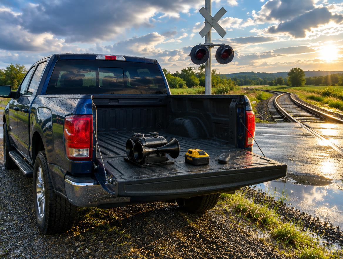 Pickup at a wet rail crossing after rain, with a compact horn, yellow tool battery and remote on its tailgate.