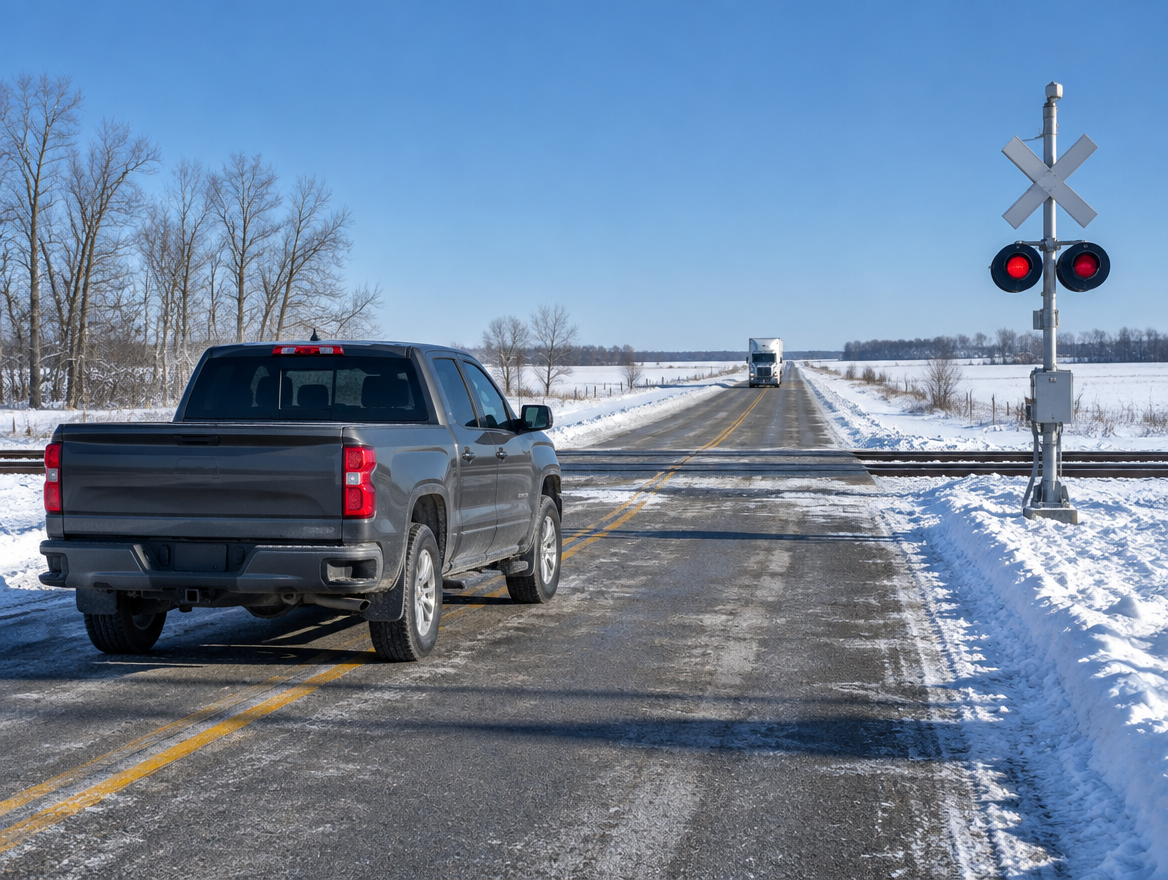 A pickup truck stops on a snowy rural road at a railroad crossing with a crossbuck under a bright blue winter sky.