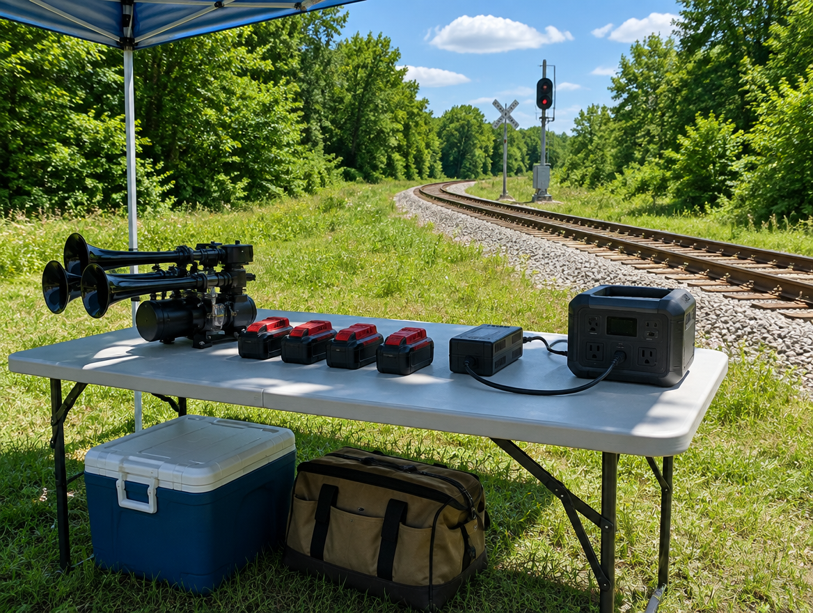 A camp table beside a rural rail line on a sunny day holds a train horn, a row of spare tool batteries and a charger.