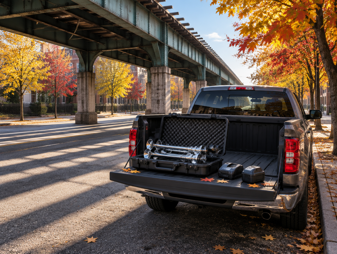 Pickup tailgate with chrome train horns and a cordless battery pack, parked under an elevated rail viaduct in autumn