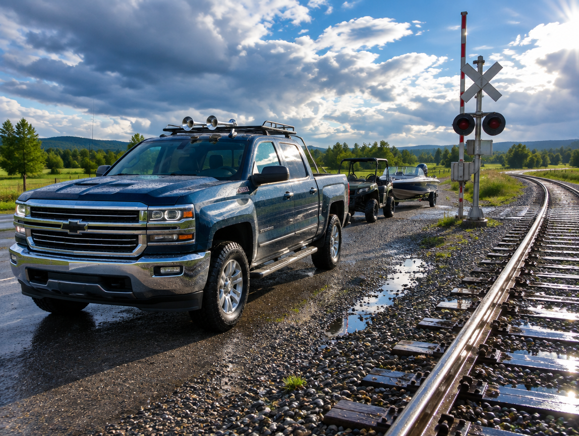 A clean pickup with a roof-mounted air horn parked by a wet railroad crossing as sun breaks through after rain.