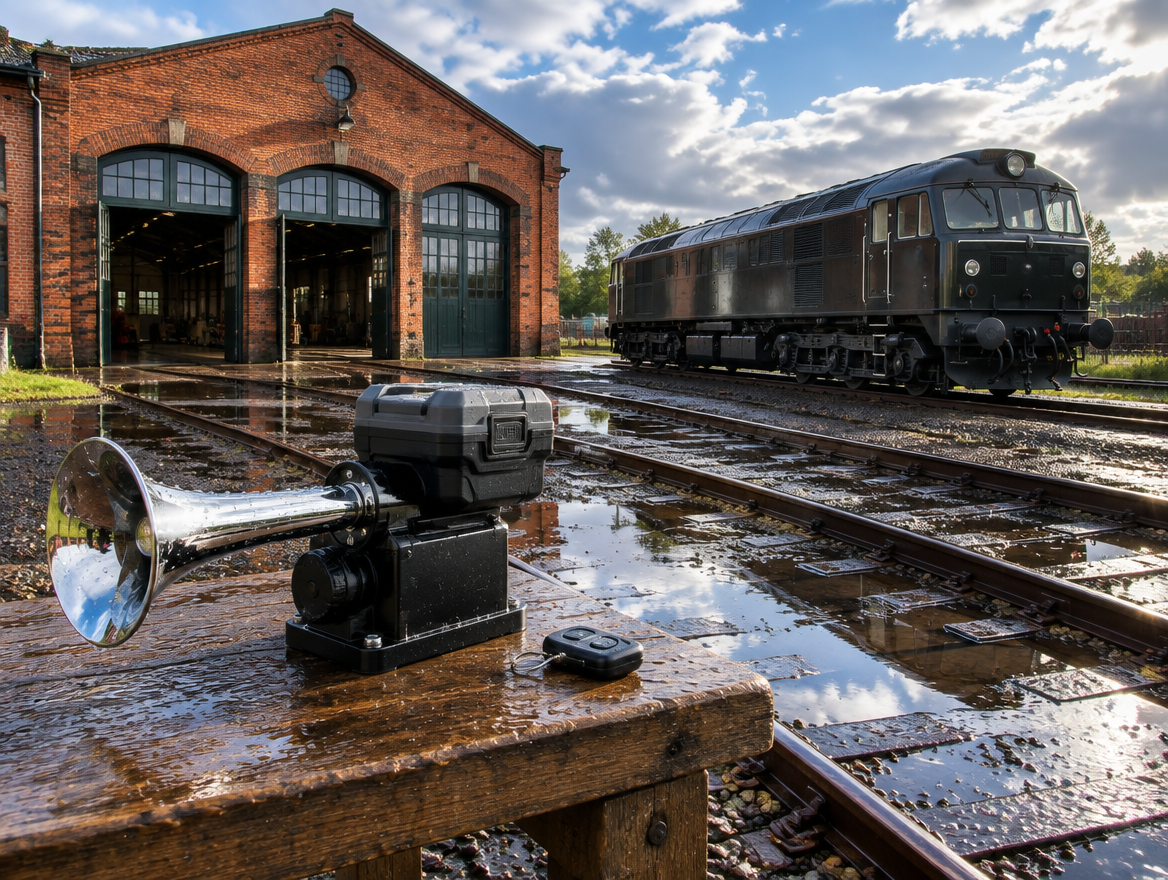 A battery train horn on a wet workbench beside the tracks outside a brick engine shed, with a locomotive, after rain