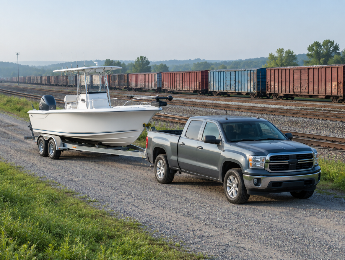 White fishing boat on a trailer behind a pickup, parked beside a freight yard with parallel tracks and boxcars at dawn.