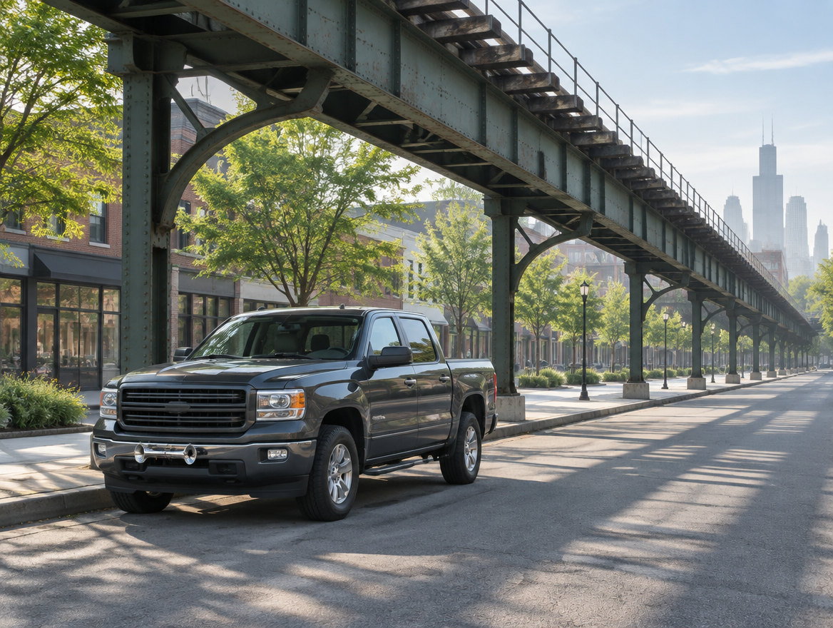 A pickup truck parked on a quiet street under an elevated steel railway viaduct in soft morning light.