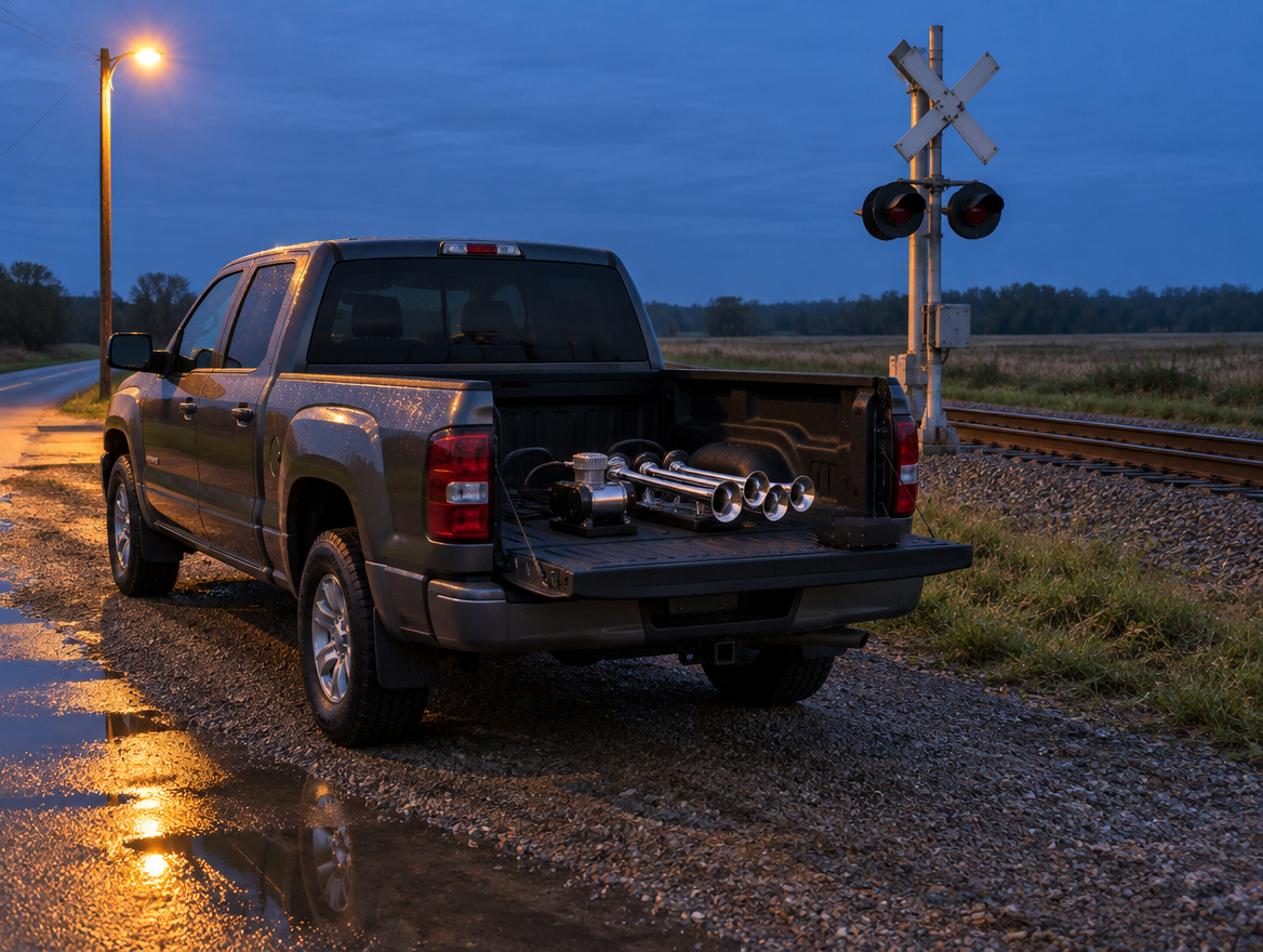 Freshly washed pickup at a rural rail crossing at dusk, with a train horn kit resting on its tailgate.