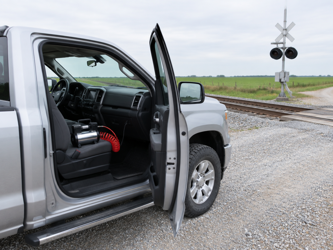 Pickup truck with its door open beside a rural railroad crossing, a small air compressor sitting on the passenger seat