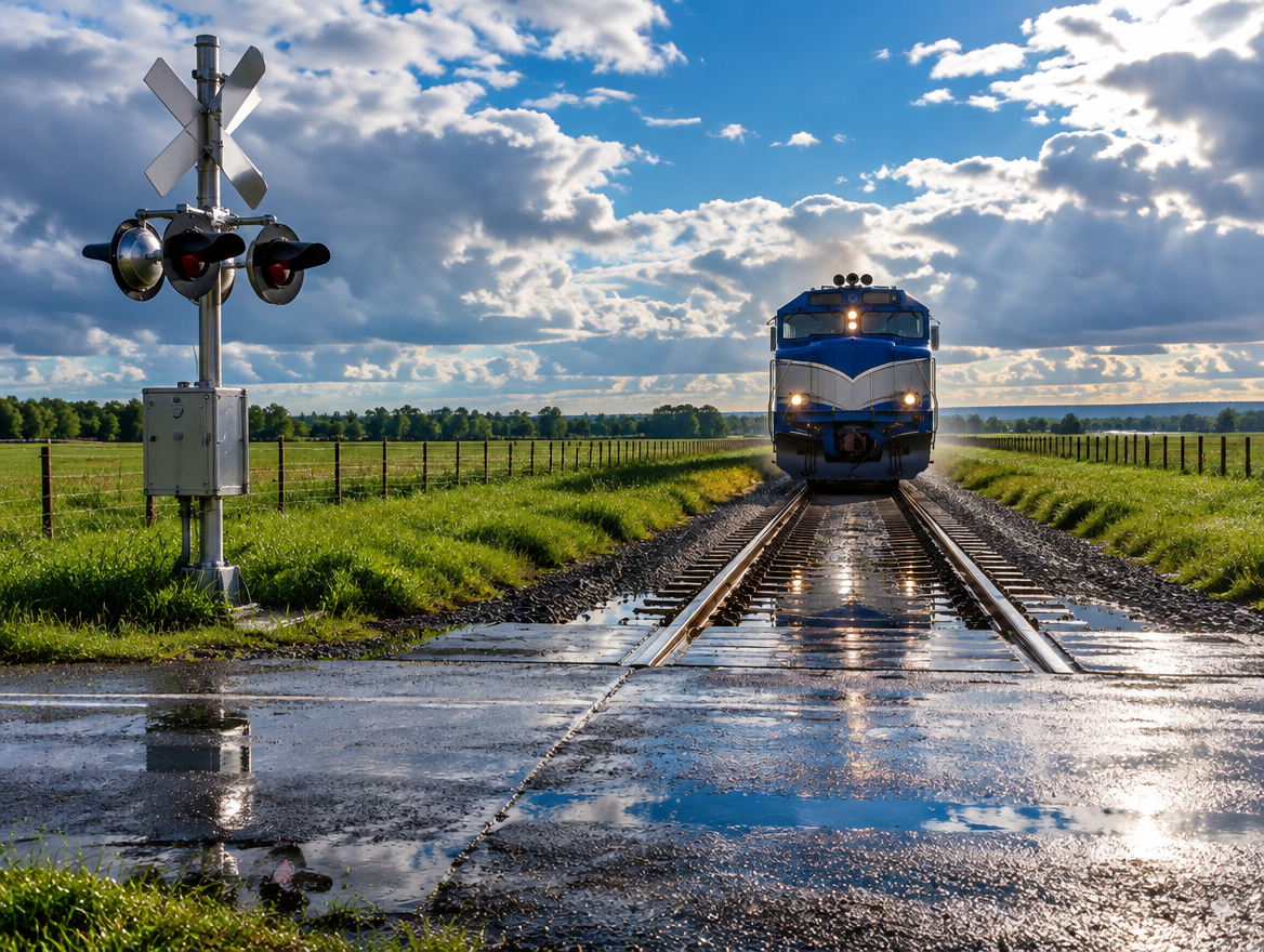 A diesel locomotive nears a rural railroad crossing on wet, shining track as sun breaks through rain clouds.