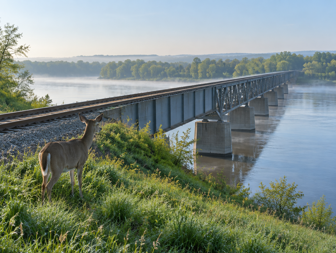 A white-tailed deer stands beside the track at the end of a steel trestle railway bridge over a misty river at dawn.