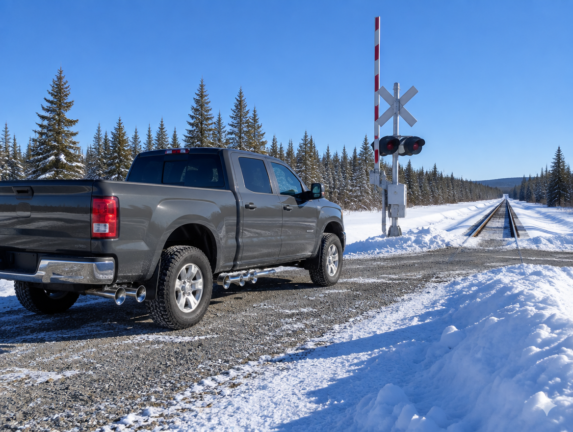 Pickup truck with chrome train horns parked by a snowy rail crossing under a clear blue winter sky