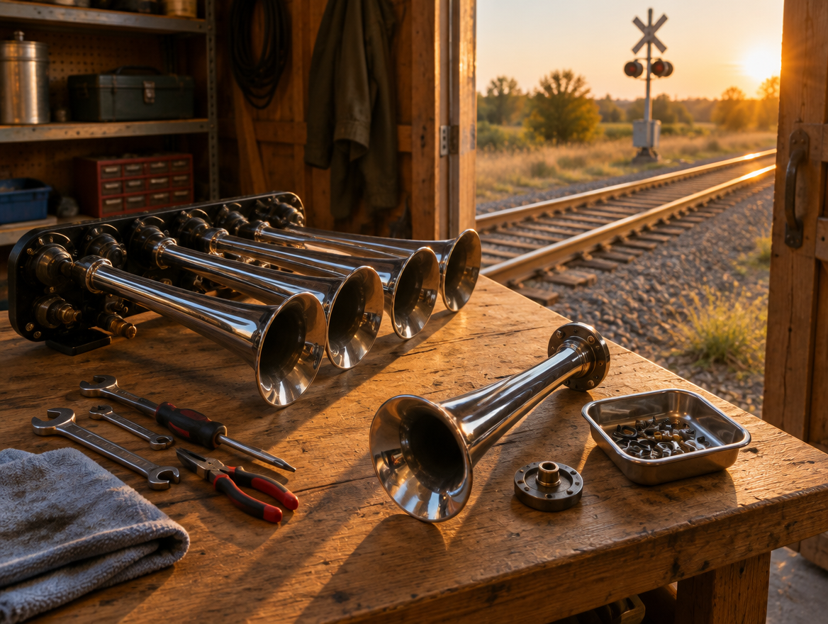 A chrome train horn partly taken apart on a workbench in a trackside shed, with rails glowing in golden evening light.