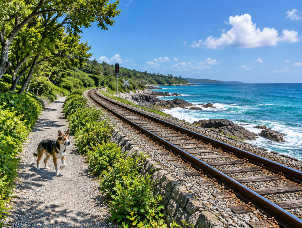 A dog stops on a gravel path beside a coastal railway track, with the sea and green trees under a bright summer sky.